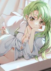 Rule 34 | 1girl, breasts, c.c., cleavage, code geass, collar, creayus, cup, green hair, head on hand, head rest, holding, holding cup, indoors, long hair, looking at viewer, medium breasts, navel, no pants, open clothes, open shirt, reclining, shirt, solo, white shirt, yellow eyes