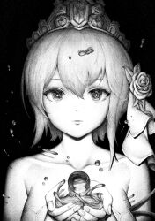 Rule 34 | 1girl, bare shoulders, breasts, cupping hands, dress, europa (granblue fantasy), flower, granblue fantasy, greyscale, hair flower, hair ornament, looking at viewer, monochrome, own hands together, rose, short hair, simple background, solo, strapless, strapless dress, tiara, tomamatto, upper body, water