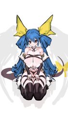 Rule 34 | 1girl, absurdres, angel wings, bare shoulders, belt, black panties, black thighhighs, blue hair, breasts, cleavage, clothing cutout, collarbone, detached sleeves, dizzy (guilty gear), full body, guilty gear, guilty gear xrd, hair between eyes, hair ribbon, hair rings, highres, huge breasts, kneeling, large breasts, legs together, liba (leo8d), looking at viewer, mature female, midriff, monster girl, navel, panties, plump, red eyes, ribbon, seiza, sidelocks, simple background, sitting, sketch, skindentation, solo, tail, tail ornament, tail ribbon, thick thighs, thigh gap, thighhighs, thighs, twintails, underwear, white background, wings, yellow ribbon
