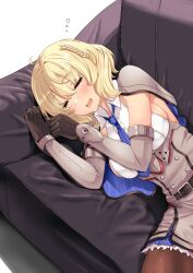 1girl black_pantyhose blonde_hair blue_necktie blush braid breasts capelet closed_eyes colorado_(kancolle) couch dress elbow_gloves gloves grey_dress grey_gloves highres jouzaburou_(joe3) kantai_collection large_breasts lying necktie on_couch on_side open_mouth pantyhose pleated_dress shirt short_hair side_braids sideboob sideless_shirt sleeping sleeveless smile solo white_shirt