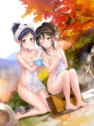 Rule 34 | 2girls, autumn leaves, bad id, bad twitter id, barefoot, bath stool, black eyes, black hair, blush, breasts, brown eyes, brown hair, cleavage, collarbone, covering privates, covering breasts, day, dutch angle, fukahire (ruinon), groin, hair up, hanekoto, holding, kneeling, looking at viewer, medium breasts, multiple girls, naked towel, nude, nude cover, one eye closed, open mouth, original, outdoors, parted lips, ponytail, rock, sitting, stool, towel, washing back, wet, white towel