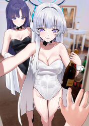 Rule 34 | 1other, 2girls, black bow, black bowtie, black leotard, blue archive, blue eyes, bottle, bow, bowtie, breasts, cirilla lin, cleavage, detached collar, doorway, grin, groin, halo, highres, holding, holding bottle, large breasts, leotard, long hair, multiple girls, noa (blue archive), playboy bunny, pov, pov hands, purple eyes, purple hair, smile, straight hair, very long hair, white hair, white leotard, wine bottle, yuuka (blue archive)