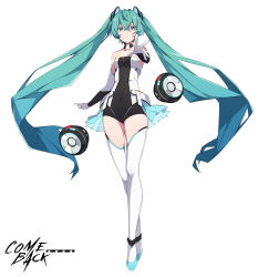 Rule 34 | aqua eyes, aqua hair, bare shoulders, collarbone, covered navel, elbow gloves, english text, floating, floating object, gloves, hatsune miku, hatsune miku (vocaloid4) (chinese), highres, long hair, oyo hitsuji, parted lips, reaching, reaching towards viewer, see-through, simple background, solo, thighhighs, twintails, very long hair, vocaloid, white background, white gloves, white thighhighs