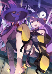 Rule 34 | 1girl, :d, blush, boots, breasts, character hair ornament, cloud, commentary request, creatures (company), eyelashes, game freak, gen 4 pokemon, green hair, grey footwear, grey shirt, hair ornament, highres, iono (pokemon), jacket, long hair, looking at viewer, medium breasts, mismagius, multicolored hair, night, nintendo, off shoulder, open clothes, open jacket, open mouth, outdoors, pokemon, pokemon (creature), pokemon sv, purple hair, shirt, single leg pantyhose, sitting, sky, smile, star (sky), teeth, thigh strap, tongue, twintails, two-tone hair, umiru, upper teeth only, yellow jacket