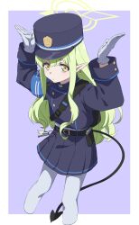 Rule 34 | 1girl, armband, arms up, bag, belt, black belt, black shirt, black skirt, blue archive, blue armband, border, commentary, cropped legs, demon tail, earrings, gloves, green hair, green halo, halo, hat, hikari (blue archive), highres, jewelry, long hair, looking at viewer, minowa sukyaru, outside border, pantyhose, peaked cap, pleated skirt, pointy ears, purple background, shirt, shoulder bag, sidelocks, sideways glance, simple background, skirt, solo, symbol-only commentary, tail, white border, white gloves, white pantyhose, yellow eyes
