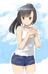Rule 34 | 1girl, alternate costume, bare arms, bare shoulders, black hair, blue eyes, blue shorts, blue sky, blush, closed mouth, cloud, cloudy sky, commentary request, cowboy shot, denim, denim shorts, hands up, highres, interlocked fingers, looking at viewer, masukuza j, original, own hands together, ponytail, short shorts, shorts, sky, smile, solo