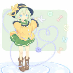 Rule 34 | 1girl, 22m, black hat, blue eyes, blush, boots, bow, brown footwear, character name, english text, female focus, green background, green hair, green skirt, hands up, hat, hat bow, heart, heart of string, komeiji koishi, long sleeves, pigeon-toed, shirt, short hair, simple background, skirt, solo, standing, text focus, third eye, touhou, two-tone background, water, white background, yellow bow, yellow shirt