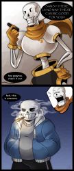 Rule 34 | 2boys, 2koma, armor, artist name, calanii, cigar, comic, comic sans, english text, flying sweatdrops, gloves, hands in pockets, highres, hood, hoodie, multiple boys, no eyes, papyrus (font), papyrus (undertale), sans (undertale), scarf, skeleton, smoking, undertale, you&#039;re doing it wrong