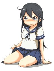 Rule 34 | 10s, 1girl, ahoge, black hair, blush, clothes lift, commentary request, ito (itokayu), itokayu, kantai collection, long hair, looking at viewer, open mouth, school uniform, serafuku, simple background, sitting, skirt, skirt lift, solo, tears, ushio (kancolle), wavy mouth