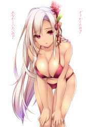 Rule 34 | 1girl, bare shoulders, bikini, blush, braid, breasts, cleavage, female focus, flower, flower knight girl, hair flower, hair ornament, hair over one eye, hands on own knees, highres, large breasts, leaning forward, long hair, looking at viewer, monety, original, red bikini, red eyes, red ginger (flower knight girl), simple background, single braid, solo, swimsuit, thigh gap, translated, very long hair, white background, white hair