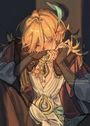Rule 34 | 1boy, arabian clothes, blonde hair, blue feathers, bridal gauntlets, covering own mouth, crying, crying with eyes open, facing viewer, feather hair ornament, feathers, genshin impact, hair ornament, highres, holding, holding key, instagram username, jacket, kaveh (genshin impact), key, lightspeedran, long sleeves, looking to the side, male focus, red eyes, red jacket, shirt, solo, tears, twitter username, white shirt