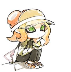 Rule 34 | 1girl, closed mouth, commentary, full body, long hair, mota, nintendo, octoling, octoling girl, octoling player character, orange hair, pointy ears, simple background, solo, splatoon (series), suction cups, symbol-only commentary, tentacle hair, visor cap, white background