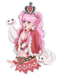 Rule 34 | 1girl, absurdres, belt, blunt bangs, capelet, commentary, crop top, crown, devil fruit, eiriseth, ghost, highres, horo horo no mi, long hair, looking to the side, neck ribbon, one piece, perona, pink hair, pink ribbon, red capelet, red lips, red skirt, ribbon, simple background, skirt, solo, twintails, upper body, very long hair, white background