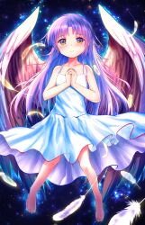 Rule 34 | 1girl, absurdres, alternate costume, angel, angel beats!, angel wings, bare arms, barefoot, black background, blush, closed mouth, collarbone, commentary, dress, eyelashes, falling feathers, feathered wings, feathers, flat chest, floating clothes, floating hair, full body, glowing, glowing wings, highres, interlocked fingers, izumikuu, long hair, looking at viewer, midair, own hands together, parted bangs, simple background, solo, sparkle, sundress, tachibana kanade, toes, very long hair, white dress, white feathers, white hair, white wings, wings, yellow eyes