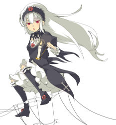 Rule 34 | 00s, 1girl, black dress, dress, floating, frilled dress, frills, long hair, long sleeves, loo, looking at viewer, red eyes, rozen maiden, silver hair, simple background, solo, suigintou, very long hair, white background