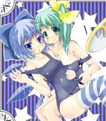 Rule 34 | 2girls, bad id, bad pixiv id, blue eyes, blue hair, blue one-piece swimsuit, cirno, clothes pull, daiyousei, green eyes, green hair, misa (mrrx), multiple girls, one-piece swimsuit, one-piece swimsuit pull, school swimsuit, shiny clothes, short hair, side ponytail, skindentation, striped clothes, striped legwear, striped thighhighs, swimsuit, thighhighs, touhou