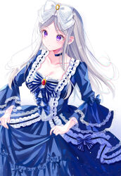 Rule 34 | 1girl, absurdres, aristocratic clothes, axis powers hetalia, belarus (hetalia), blue dress, blue theme, bow, bowtie, breasts, brooch, choker, cowboy shot, dress, grey hair, hair bow, highres, jewelry, layered sleeves, light particles, long hair, long sleeves, looking ahead, looking at viewer, medium breasts, parted bangs, ribbon-trimmed dress, riri5937, skirt hold, solo, striped bow, striped bowtie, striped clothes, white bow, wide sleeves