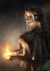 Rule 34 | 1girl, bandaged arm, bandages, black capelet, black dress, blindfold, blonde hair, breasts, capelet, closed mouth, commentary request, covered eyes, dark souls (series), dark souls iii, dress, expressionless, fire, fire keeper, fire, from side, highres, jewelry, large breasts, lips, long hair, mask, masked, midorino tanuki, necklace, pink lips, signature, solo, upper body