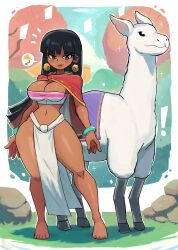 Rule 34 | !, 1girl, absurdres, animal, barefoot, black hair, blush, bracelet, breasts, brown eyes, brown lips, bush, cape, chel (the road to el dorado), cleavage, cloud, dark skin, dreamworks, earrings, grass, highres, jewelry, large breasts, llama, loincloth, long hair, midriff, navel, pink shirt, red cape, rock, shirt, sky, smile, sparkle, speech bubble, standing, strapless, the road to el dorado, tony welt, tree, tube top, wide hips