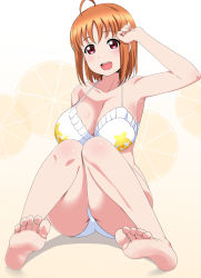 Rule 34 | 1girl, alternate breast size, bare shoulders, barefoot, bikini, breasts, feet, foot focus, highres, large breasts, looking at viewer, love live!, love live! sunshine!!, no shoes, open mouth, orange hair, panimiiru, pov, red eyes, short hair, sitting, smile, soles, solo, swimsuit, takami chika, toes, white bikini