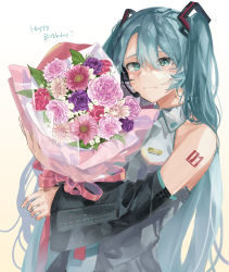 Rule 34 | 1girl, absurdres, aqua eyes, aqua hair, aqua necktie, bad id, bad pixiv id, bare shoulders, black sleeves, bouquet, cc rock, commentary, detached sleeves, flower, furrowed brow, grey shirt, hair ornament, happy birthday, happy tears, hatsune miku, headphones, headset, highres, holding, holding bouquet, light smile, long hair, looking at viewer, necktie, pink flower, purple flower, red flower, shirt, shoulder tattoo, sleeveless, sleeveless shirt, solo, tattoo, tears, twintails, upper body, very long hair, vocaloid, white flower