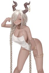 Rule 34 | 1girl, :d, azur lane, black horns, blush, bracelet, braid, breasts, cleavage, collarbone, commentary request, dark-skinned female, dark skin, hair over one eye, hand up, highleg, highleg swimsuit, highres, horn ornament, horns, jewelry, large breasts, leaning forward, looking at viewer, mashiro03, one-piece swimsuit, one eye covered, open mouth, owari (azur lane), simple background, smile, solo, swimsuit, thighlet, thighs, twin braids, v, white background, white one-piece swimsuit, yellow eyes