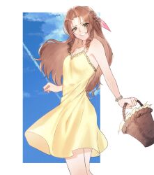 Rule 34 | 1girl, aerith gainsborough, ah yoshimizu, alternate costume, alternate hairstyle, basket, blue sky, braid, brown hair, cloud, cloudy sky, commentary request, crown braid, day, dress, final fantasy, final fantasy vii, flower, green eyes, grin, hair down, hair ribbon, hand up, happy, highres, holding, holding basket, long hair, outdoors, pink ribbon, ribbon, sidelocks, sky, smile, solo, standing, sundress, upper body, wavy hair, yellow dress