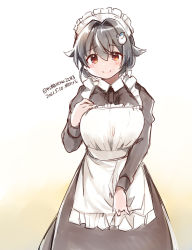 Rule 34 | 1girl, alternate costume, apron, artist name, black dress, black hair, breasts, commentary request, dated, dress, enmaided, frilled apron, frills, gradient background, hair flaps, highres, jingei (kancolle), kantai collection, kirisawa juuzou, large breasts, long hair, low ponytail, maid, maid headdress, numbered, red eyes, solo, traditional media, white apron, white background