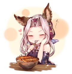Rule 34 | 1girl, animal ears, bare shoulders, blush, bowl, cat ears, closed mouth, eating, erune, food, food on face, granblue fantasy, hand on own cheek, hand on own face, heart, highres, long hair, looking at viewer, rice, rice on face, scathacha (granblue fantasy), silver hair, simple background, smile, solo, spoon, sukemyon