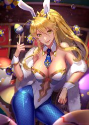 Rule 34 | 1girl, ahoge, akatsuki (kuon), animal ears, artoria pendragon (all), artoria pendragon (fate), artoria pendragon (swimsuit ruler) (fate), blonde hair, blue necktie, blue pantyhose, braid, breasts, cleavage, clothing cutout, detached collar, easter, easter egg, egg, fake animal ears, fate/grand order, fate (series), feather boa, female focus, fishnet pantyhose, fishnets, french braid, green eyes, hair between eyes, highleg, highleg leotard, highres, index finger raised, large breasts, leotard, long hair, looking at viewer, navel, navel cutout, necktie, pantyhose, playboy bunny, poker chip, ponytail, rabbit ears, sidelocks, smile, solo, thighs, tiara, white leotard, wrist cuffs