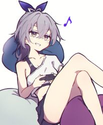 Rule 34 | 1girl, absurdres, aitekku, bare legs, collarbone, controller, crop top, feet out of frame, grey eyes, grey hair, grin, hair ribbon, highres, holding, holding controller, honkai: star rail, honkai (series), long hair, midriff, musical note, purple ribbon, ribbon, shirt, silver wolf (honkai: star rail), simple background, single-shoulder shirt, single bare shoulder, single sleeve, smile, solo, thighs, white background, white shirt