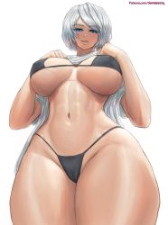 Rule 34 | 1girl, bikini, black bikini, blue eyes, blush, breasts, cameltoe, clothes lift, cowboy shot, from below, highres, large breasts, looking at viewer, navel, nier (series), nier:automata, shirt, shirt lift, short hair, silver hair, simple background, smile, solo, standing, superbusty, swimsuit, underboob, white background, white shirt, 2b (nier:automata)