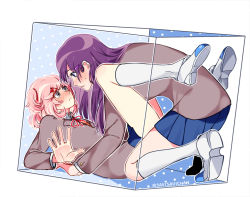 Rule 34 | 2girls, artist name, blue skirt, blush, box, commentary, doki doki literature club, embarrassed, english commentary, eye contact, face-to-face, grey jacket, hair ornament, hair ribbon, hairclip, in box, in container, jacket, kneehighs, long hair, looking at another, multiple girls, natsuki (doki doki literature club), parted lips, pink eyes, pink hair, pleated skirt, purple eyes, purple hair, red ribbon, ribbon, savi (byakushimc), shoes, short hair, skirt, socks, twitter username, two side up, white footwear, white legwear, yuri, yuri (doki doki literature club)