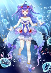 Rule 34 | 1girl, ahoge, air bubble, bangle, bare legs, bare shoulders, beads, blue dress, blue footwear, blue hair, blue one-piece swimsuit, bracelet, bubble, clothing cutout, coral, dress, fish, frilled dress, frilled swimsuit, frills, full body, highres, jellyfish, jewelry, long hair, navel, navel cutout, noa (shironeko project), one-piece swimsuit, red eyes, shironeko project, shoes, solo, sunameri (pixiv3564245), swimsuit, underwater