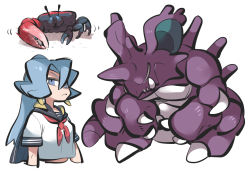 Rule 34 | 1girl, alternate costume, black sailor collar, clair (pokemon), claws, closed mouth, commentary request, crab, creatures (company), cropped shirt, earrings, frown, game freak, gen 1 pokemon, grey eyes, grey hair, highres, jewelry, long hair, neckerchief, nidoking, nintendo, pokemon, pokemon (creature), pokemon hgss, ponytail, red neckerchief, sailor collar, school uniform, serafuku, shirt, short sleeves, simple background, tirarizun, white background, white shirt