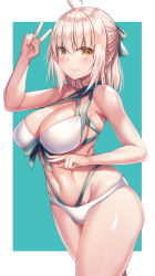 Rule 34 | 1girl, absurdres, ahoge, aqua background, bare shoulders, bikini, blonde hair, blush, border, bow, breasts, cleavage, closed mouth, fate/grand order, fate (series), hair between eyes, hair bow, hand gesture, highres, large breasts, looking at viewer, multi-strapped bikini, nano (syoutamho), navel, okita j. souji (fate), okita j. souji (third ascension) (fate), okita souji (fate), okita souji (koha-ace), short hair, simple background, smile, solo, swimsuit, thighs, v, white bikini, white border, yellow eyes