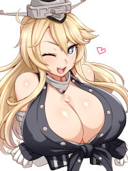 Rule 34 | &gt;;d, 10s, 1girl, ;d, bad id, bad pixiv id, bare shoulders, blonde hair, blue eyes, blush, breast hold, breasts, bust cup, cleavage, crossed arms, elbow gloves, front-tie top, gloves, hair between eyes, headgear, heart, highres, huge breasts, iowa (kancolle), kantai collection, long hair, maeda r44, one eye closed, open mouth, sidelocks, smile, solo, star-shaped pupils, star (symbol), symbol-shaped pupils, upper body, v-shaped eyebrows