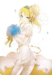 Rule 34 | 10s, 1girl, ayase eli, bad id, bad twitter id, bare shoulders, blonde hair, blue eyes, bouquet, elbow gloves, flower, gloves, love live!, love live! school idol festival, love live! school idol project, lpip, off shoulder, ponytail, solo, thighhighs