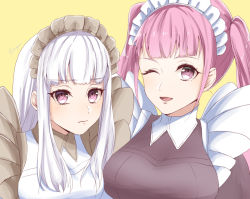 Rule 34 | 2girls, alternate costume, ayase aya, bad id, bad pixiv id, closed mouth, enmaided, female focus, fire emblem, fire emblem: three houses, hilda valentine goneril, long hair, lysithea von ordelia, maid, maid headdress, matching hair/eyes, multiple girls, nintendo, one eye closed, open mouth, pink eyes, pink hair, simple background, twintails, upper body, white hair, wink, yellow background