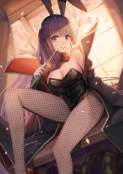 Rule 34 | 1girl, alternate costume, animal ears, bare shoulders, bb (fate), bb (fate/extra), black coat, black hairband, black leotard, bow, bowtie, breasts, coat, covered navel, detached collar, fake animal ears, fate/extra, fate/extra ccc, fate (series), fishnet pantyhose, fishnets, gloves, hairband, highres, holding, holding wand, large breasts, leotard, long hair, pantyhose, playboy bunny, purple eyes, purple hair, rabbit ears, red bow, red bowtie, red ribbon, ribbon, sitting, solo, strapless, strapless leotard, sunga2usagi, very long hair, wand, white gloves