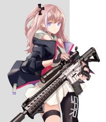 Rule 34 | 1girl, black gloves, black jacket, black thighhighs, blue eyes, brown hair, cancell, cowboy shot, fingerless gloves, girls&#039; frontline, gloves, grey background, gun, hair ornament, highres, holding, holding gun, holding weapon, jacket, legband, long sleeves, looking at viewer, multicolored hair, off shoulder, one side up, open clothes, open jacket, purple eyes, rifle, scope, simple background, single thighhigh, skirt, sniper rifle, solo, st ar-15 (girls&#039; frontline), standing, thigh strap, thighhighs, weapon, white skirt