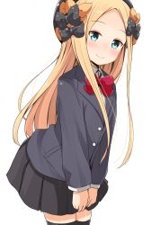 Rule 34 | 1girl, abigail williams (fate), absurdres, aikawa ryou, alternate costume, black bow, black hat, black jacket, black skirt, black thighhighs, blonde hair, blue eyes, blush, bow, bowtie, commentary request, dot nose, fate/grand order, fate (series), hair bow, hat, highres, jacket, long hair, long sleeves, looking at viewer, orange bow, parted bangs, polka dot, polka dot bow, red bow, red bowtie, school uniform, shirt, simple background, skirt, smile, solo, thighhighs, white background, white shirt