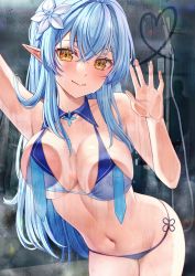 Rule 34 | 1girl, against glass, arm up, bikini, blue hair, blush, breasts, closed mouth, collarbone, elf, flower, hair between eyes, hair flower, hair ornament, half updo, highres, hololive, large breasts, lips, long hair, looking at viewer, md5 mismatch, navel, pointy ears, resolution mismatch, saruei, skindentation, smile, solo, source smaller, swimsuit, virtual youtuber, wet, yellow eyes, yukihana lamy