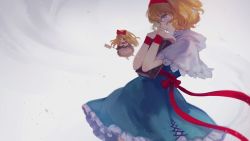 Rule 34 | alice margatroid, bad id, bad pixiv id, blonde hair, blue dress, blue eyes, blush, book, bow, capelet, closed mouth, doll, dress, hairband, highres, k (sktchblg), looking at viewer, red bow, red hairband, sash, shanghai doll, short hair, short sleeves, simple background, solo, touhou, wristband