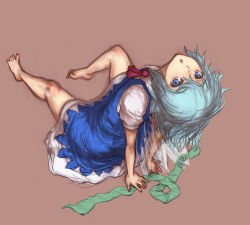 Rule 34 | 1girl, bare legs, barefoot, blue eyes, blue hair, brown background, cirno, dress, feet, kuro suto sukii, legs, looking back, matching hair/eyes, open mouth, ribbon, short hair, simple background, sitting, sketch, solo, toes, touhou, wings