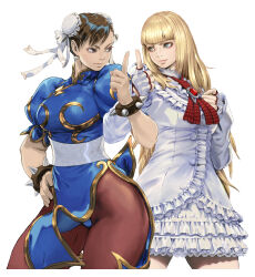 Rule 34 | 2girls, blonde hair, blue dress, blue eyes, blunt bangs, breasts, brown eyes, brown hair, capcom, china dress, chinese clothes, chun-li, commentary request, cowboy shot, double bun, dress, emilie de rochefort, frilled skirt, frills, hair bun, highres, hime cut, index finger raised, large breasts, long hair, looking at another, medium breasts, multiple girls, pantyhose, simple background, single hair bun, skirt, street fighter, street fighter x tekken, tekken, white background, yasuda akira