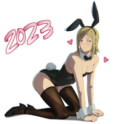Rule 34 | absurdres, all fours, ass, bare shoulders, blonde hair, blush, bow, bowtie, breasts, chainsaw man, cleavage, dated, highres, knew nothing, leotard, medium breasts, playboy bunny, red eyes, sawatari akane (chainsaw man), scales, slit pupils, thighhighs
