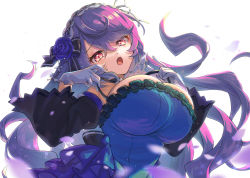 Rule 34 | 1girl, blue dress, blurry, blurry foreground, breasts, dress, gloves, guardian tales, hairband, highres, huge breasts, long hair, looking at viewer, open mouth, purple hair, red eyes, upper body, vampire girl karina, wada chiyon, white background, white gloves