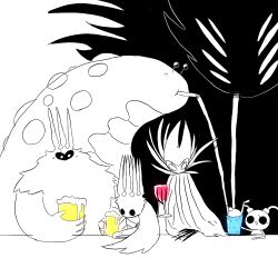 Rule 34 | 1girl, 2boys, :t, alcohol, arthropod boy, arthropod girl, beer, beer mug, blank eyes, bug, cherry, cloak, closed mouth, cup, drink, drinking, drinking glass, drinking straw, extra eyes, food, fruit, greyscale, grimm (hollow knight), hand up, happy, hollow knight, ice cream, ice cream float, insect, joni (hollow knight), looking at another, monochrome, monster, moth, mug, multiple boys, open mouth, pale king (hollow knight), radiance (hollow knight), sakana 2-gou, sketch, slug, smile, solid circle eyes, spot color, unn (hollow knight), upper body, void entity (hollow knight), wine, wine glass