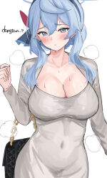 Rule 34 | 1girl, ako (blue archive), bag, black hairband, blue archive, blue eyes, blue hair, blush, breasts, cleavage, closed mouth, dongtan dress, dress, hair between eyes, hairband, highres, large breasts, long hair, long sleeves, meme attire, simple background, solo, tagme, tsumayouji (tumayog), upper body, white background, white dress